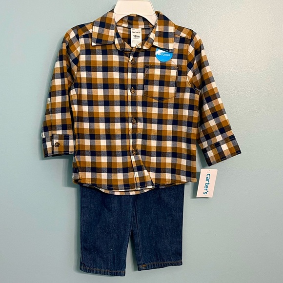 NWT Carter’s Boy 18 Month Tan/Navy Plaid Jeans 2-Piece Outfit - Picture 1 of 9
